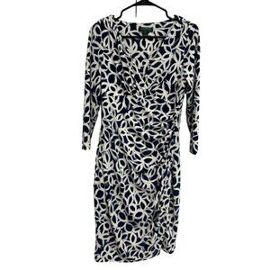 Lauren Ralph Lauren Womens Faux Wrap Navy White Patterned Dress 3/4 Sleeves Sz 6